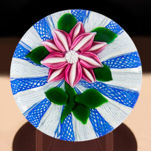 John Deacons Fanciful Pink and White Flower On Blue and White Latticino
